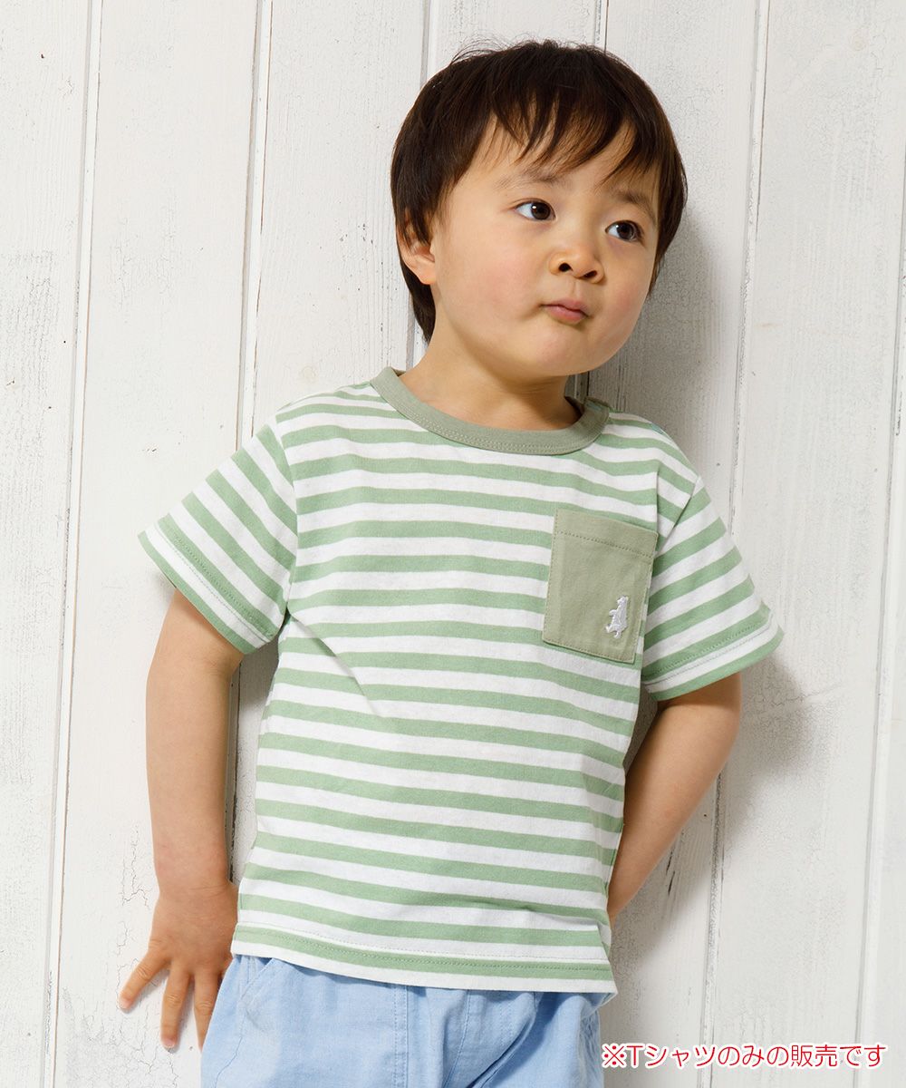 Baby size 100 % cotton border pattern bear embroidery T -shirt Green model image 1