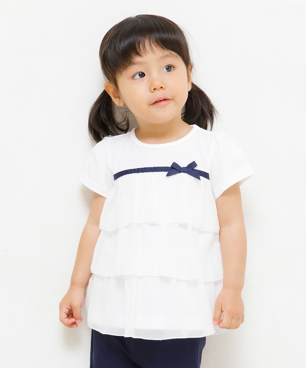 Baby size 3 layer chiffon frilled T -shirt with ribbon Off White model image up