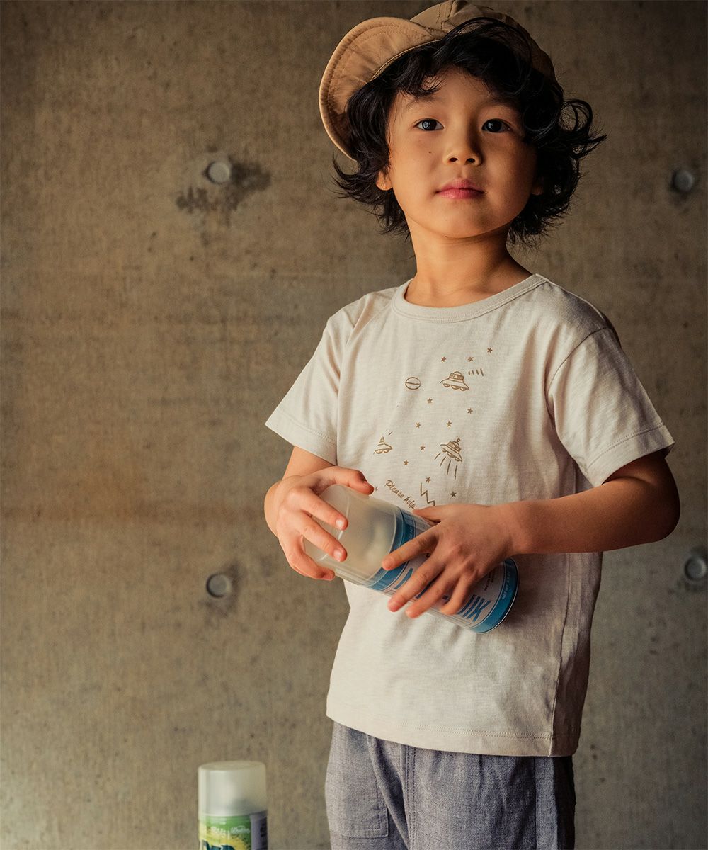Children's clothing boy 100 % cotton UFO print T -shirt beige (51) Model image up