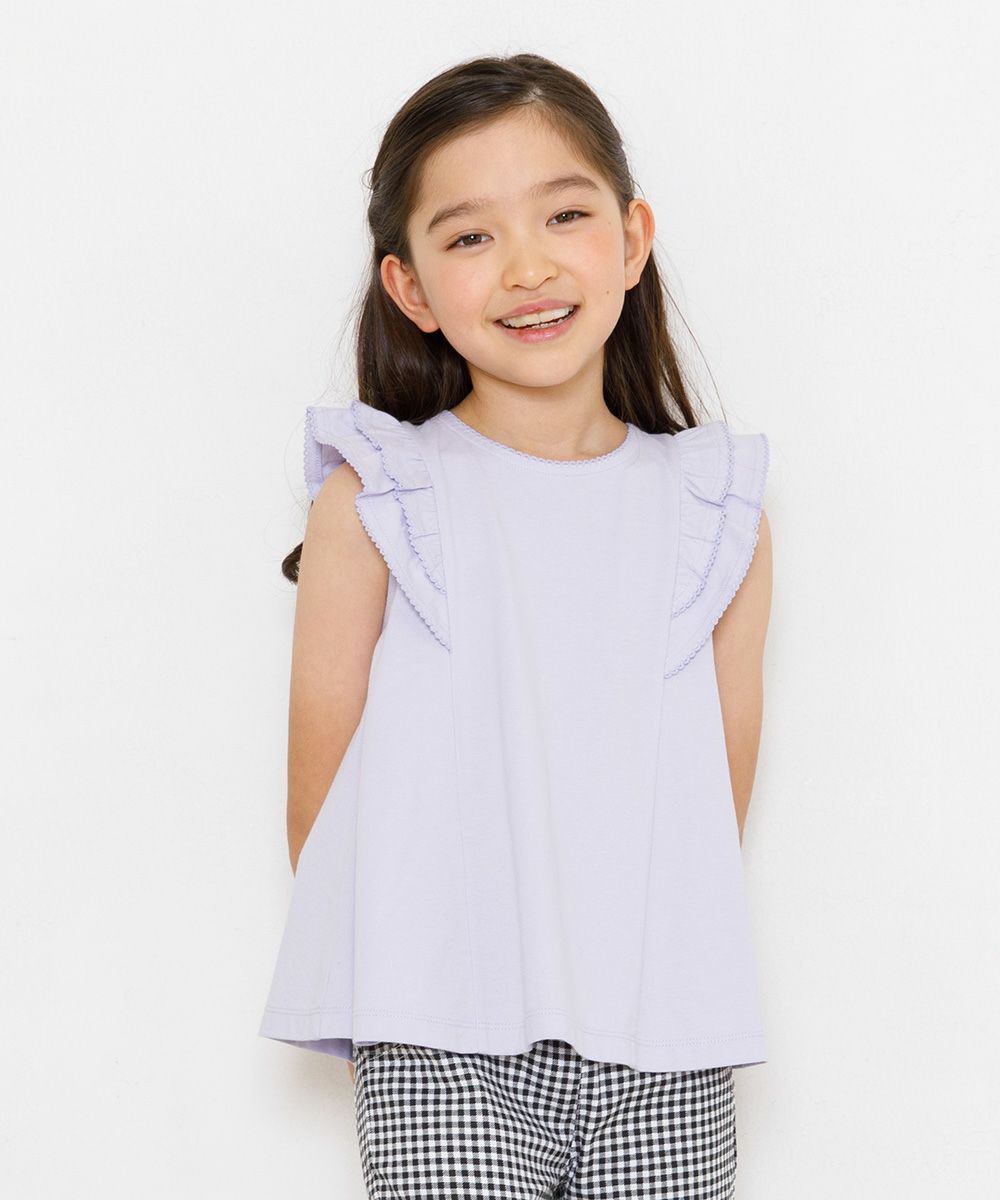 100 % cotton ruffle sleeve T -shirt Purple model image up