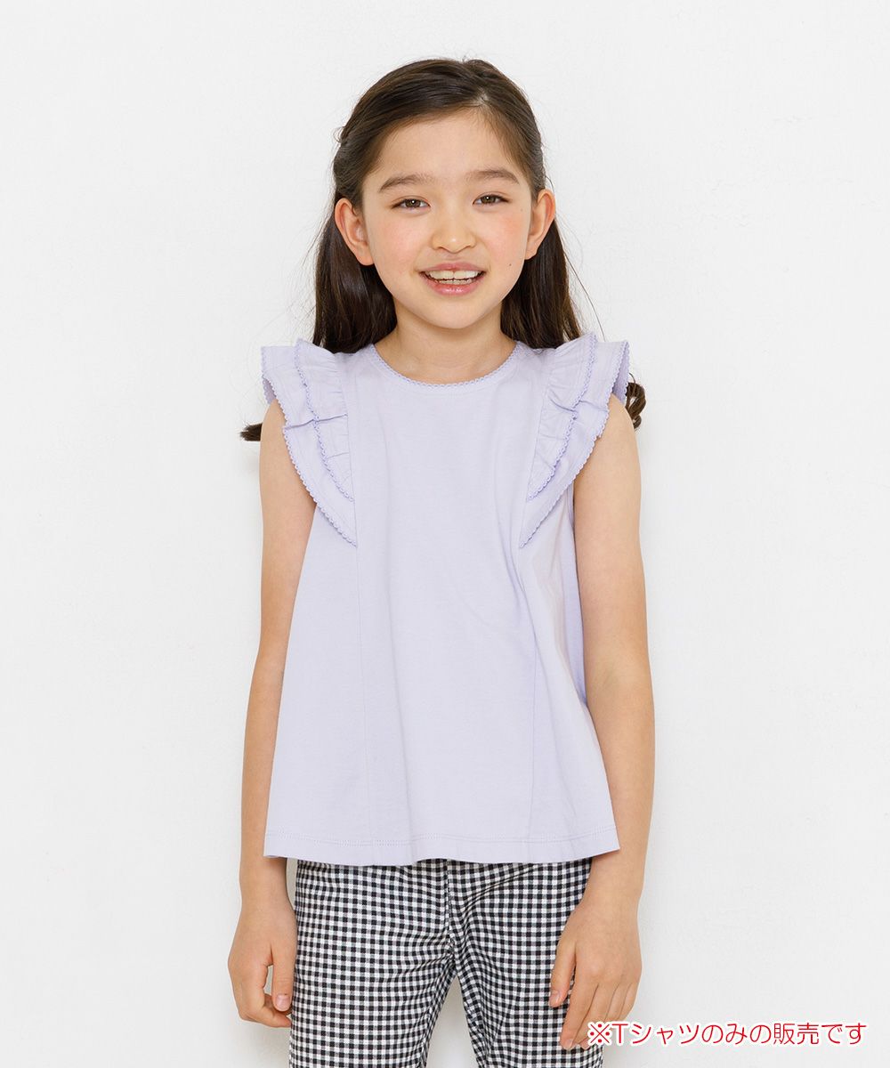 100 % cotton ruffle sleeve T -shirt Purple model image 1