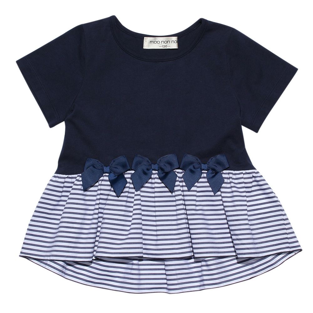 100 % cotton T-shirt with striped frilled hem and ribbons Navy front