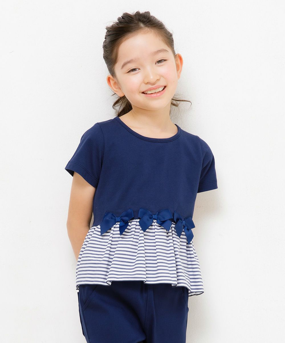 100 % cotton T-shirt with striped frilled hem and ribbons Navy model image up