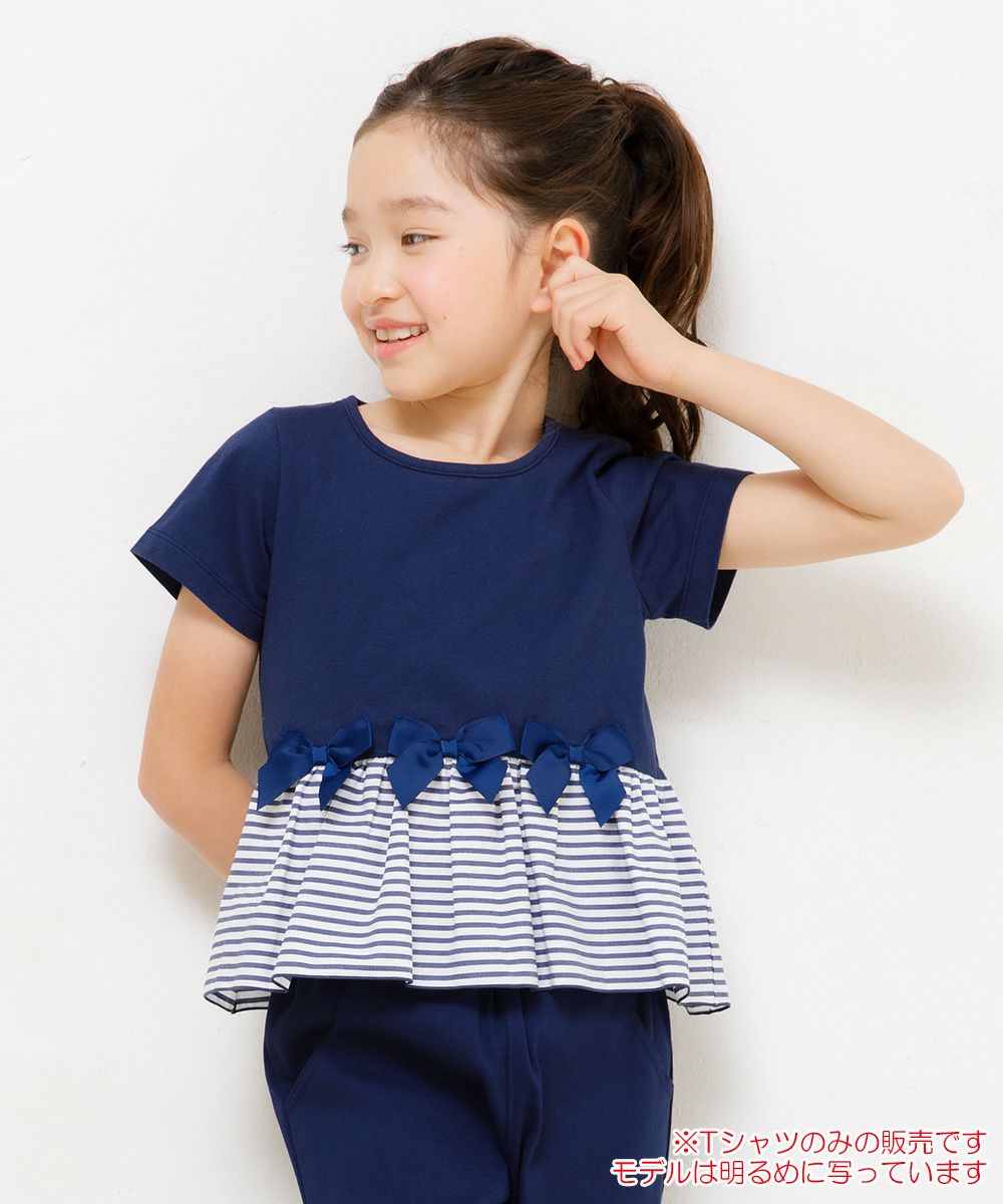 100 % cotton T-shirt with striped frilled hem and ribbons Navy model image 1