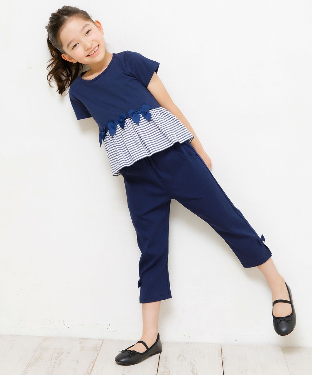 100 % cotton T-shirt with striped frilled hem and ribbons Navy model image 2