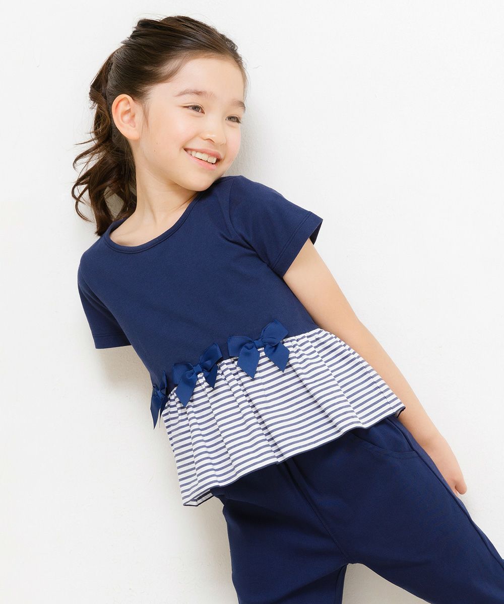 100 % cotton T-shirt with striped frilled hem and ribbons Navy model image 3