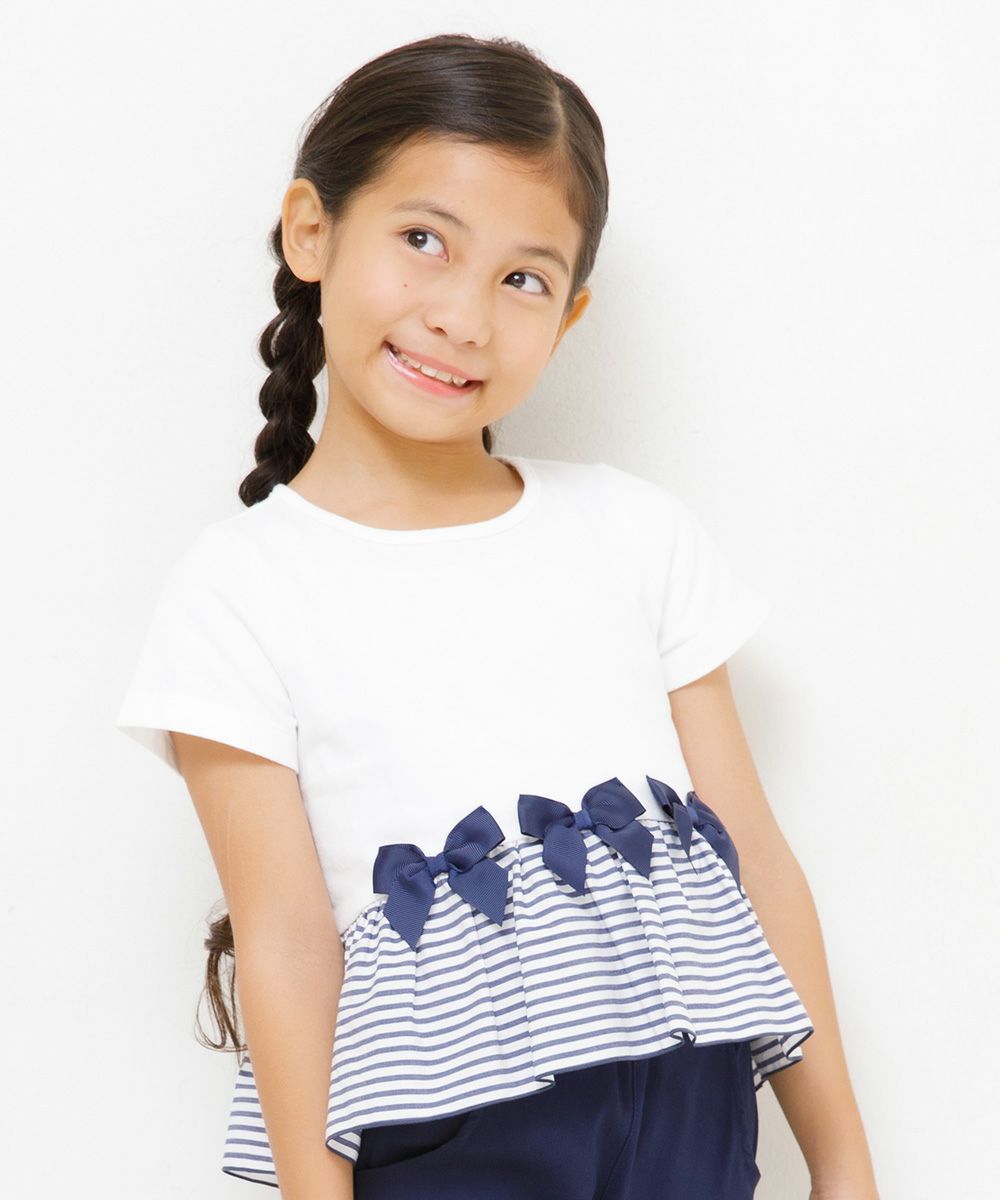 100 % cotton T-shirt with striped frilled hem and ribbons Off White model image up