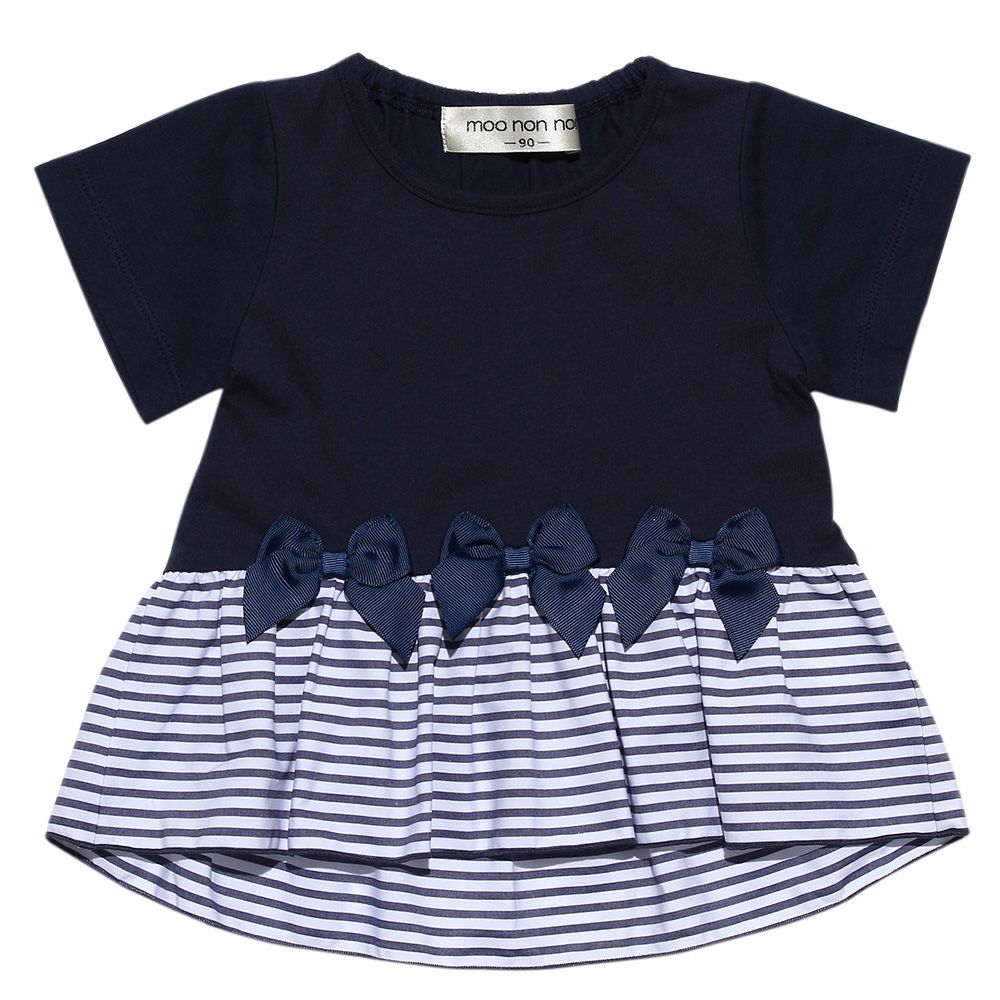 Baby size 100% cotton T-shirt with striped frilled hem and ribbons Navy front