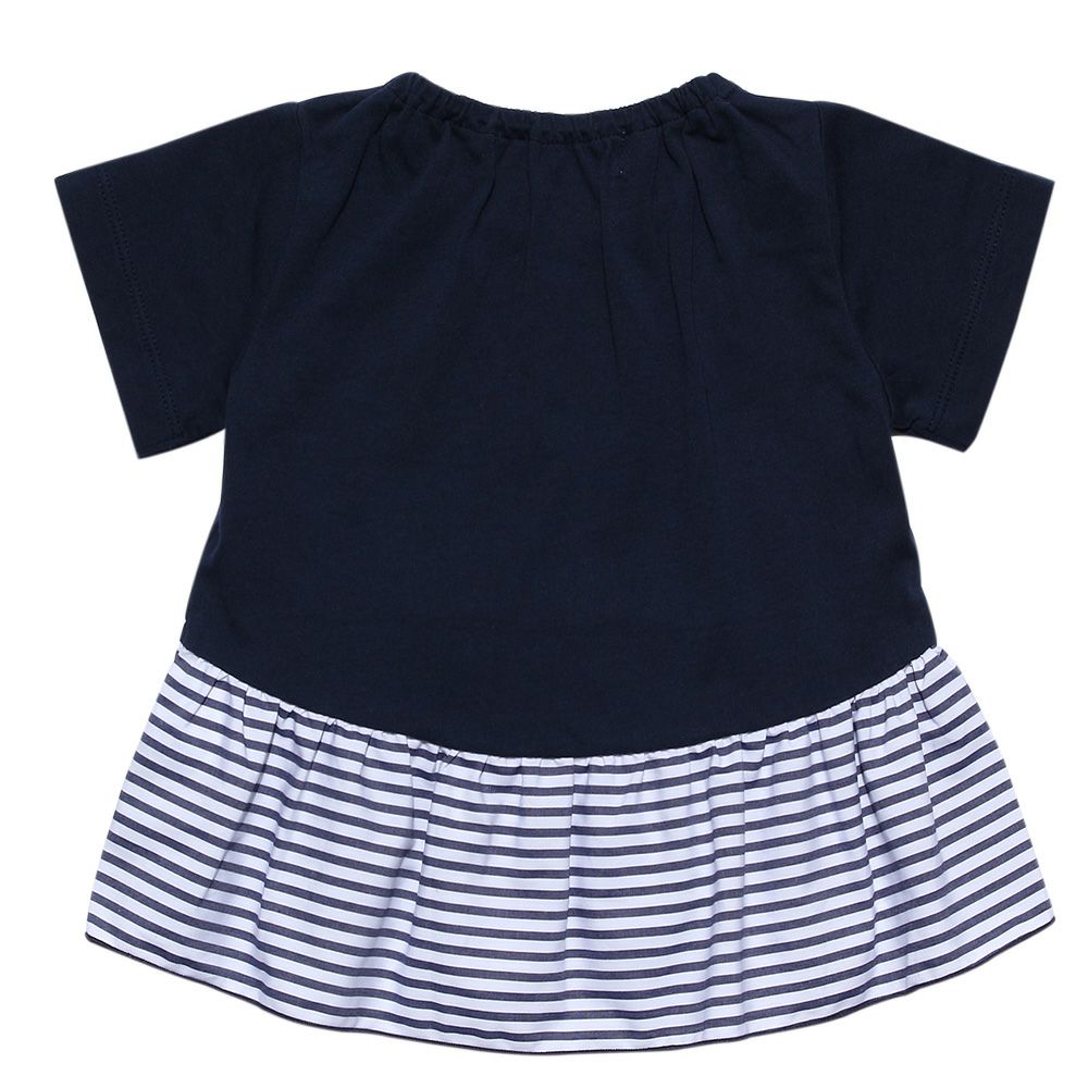 Baby size 100% cotton T-shirt with striped frilled hem and ribbons Navy back
