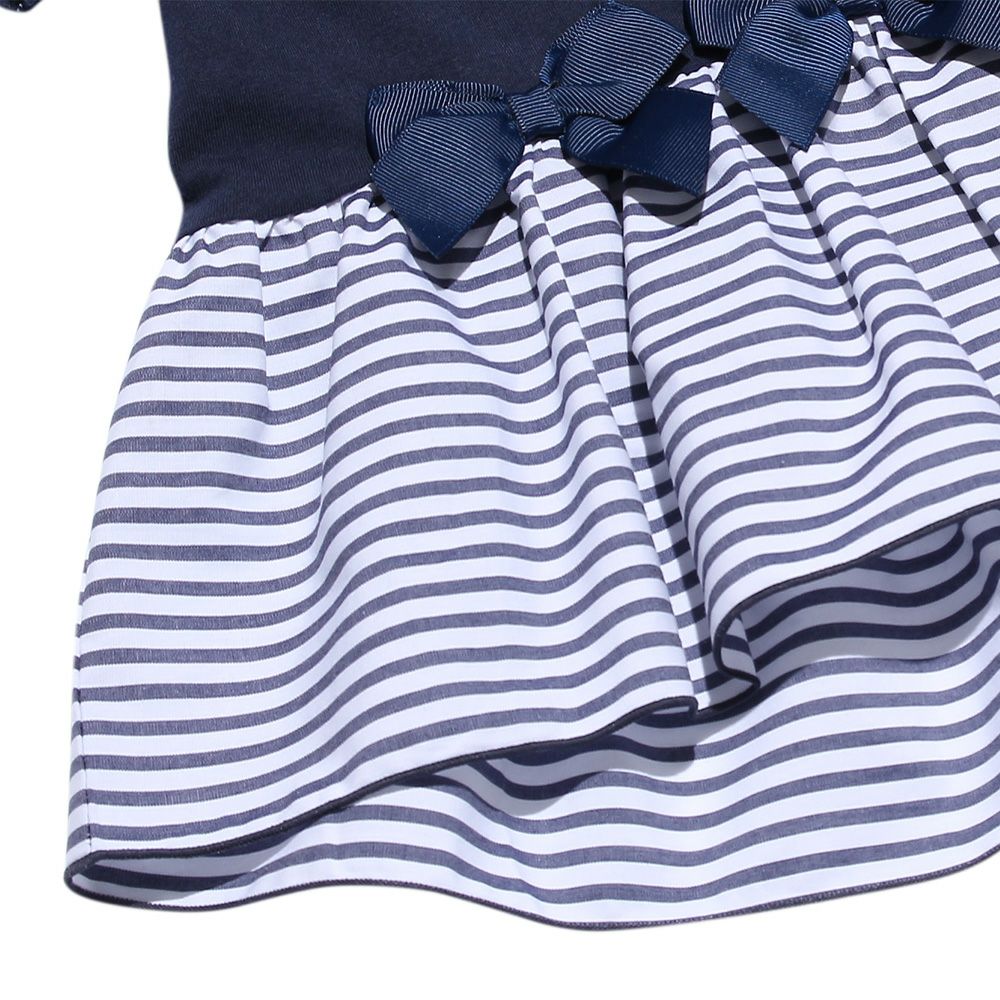 Baby size 100% cotton T-shirt with striped frilled hem and ribbons Navy Design point 2