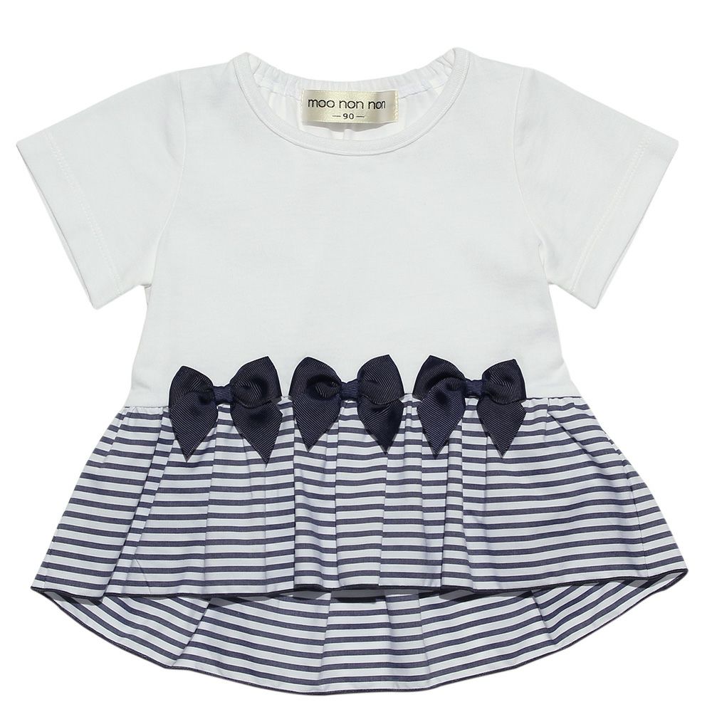 Baby size 100% cotton T-shirt with striped frilled hem and ribbons Off White front