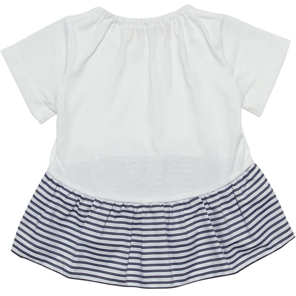 Baby size 100% cotton T-shirt with striped frilled hem and ribbons Off White back