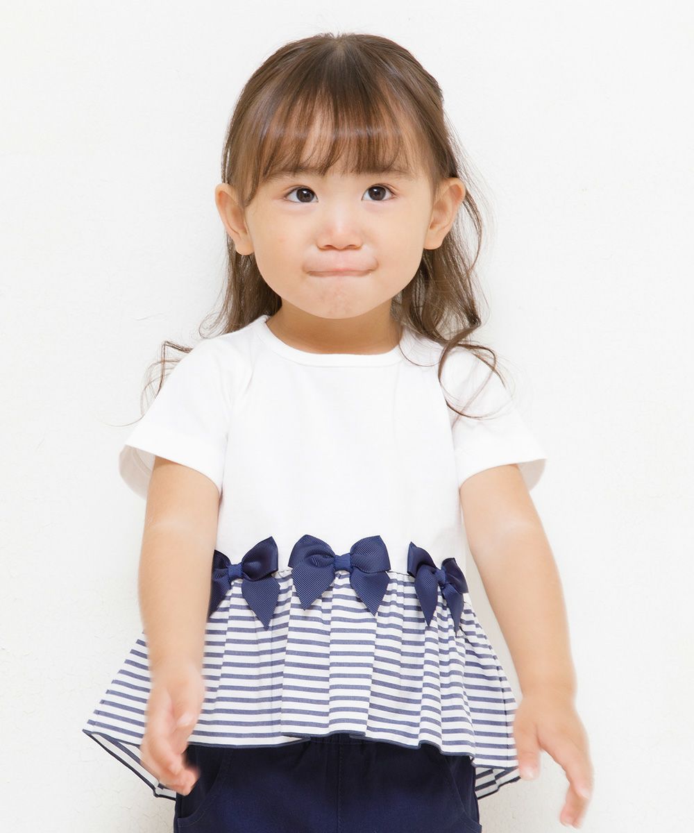 Baby size 100% cotton T-shirt with striped frilled hem and ribbons Off White model image up
