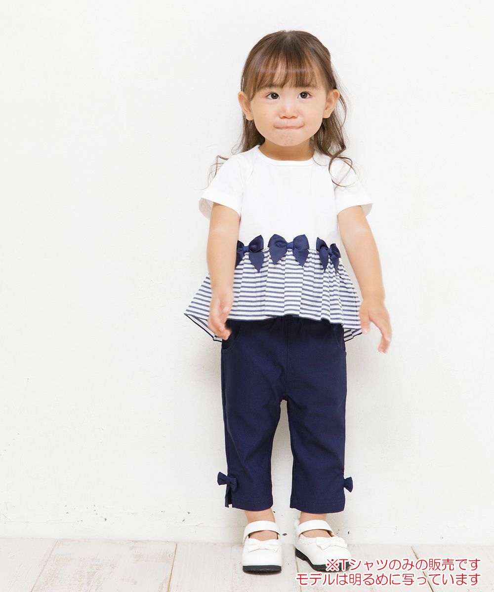 Baby size 100% cotton T-shirt with striped frilled hem and ribbons Off White model image whole body