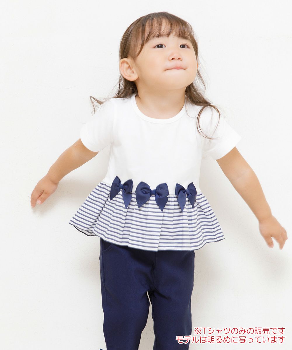 Baby size 100% cotton T-shirt with striped frilled hem and ribbons Off White model image 1