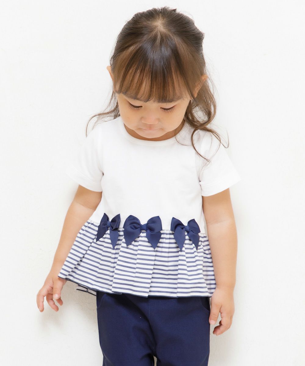 Baby size 100% cotton T-shirt with striped frilled hem and ribbons Off White model image 2