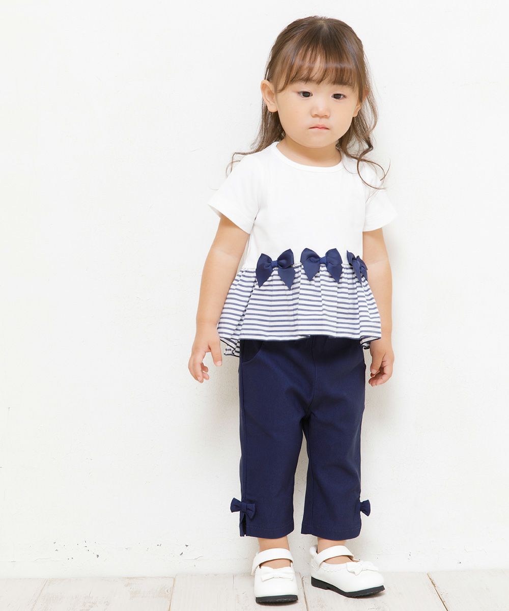 Baby size 100% cotton T-shirt with striped frilled hem and ribbons Off White model image 3