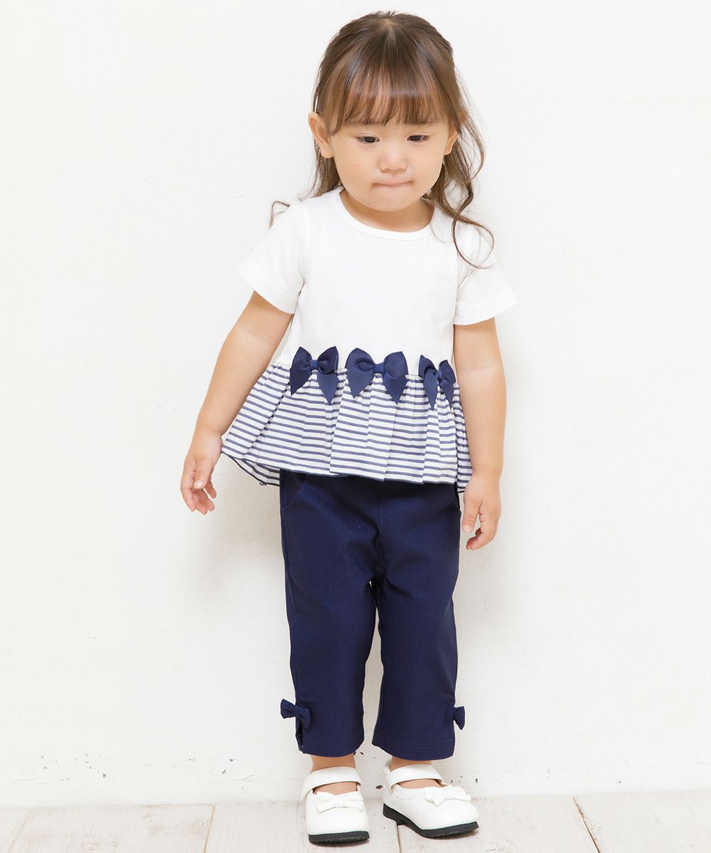 Baby size 100% cotton T-shirt with striped frilled hem and ribbons Off White model image 4