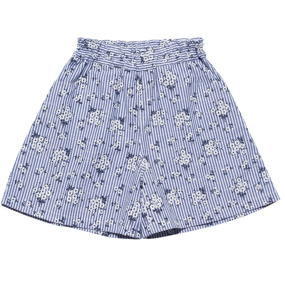 Floral pattern x striped pattern culottes Blue front