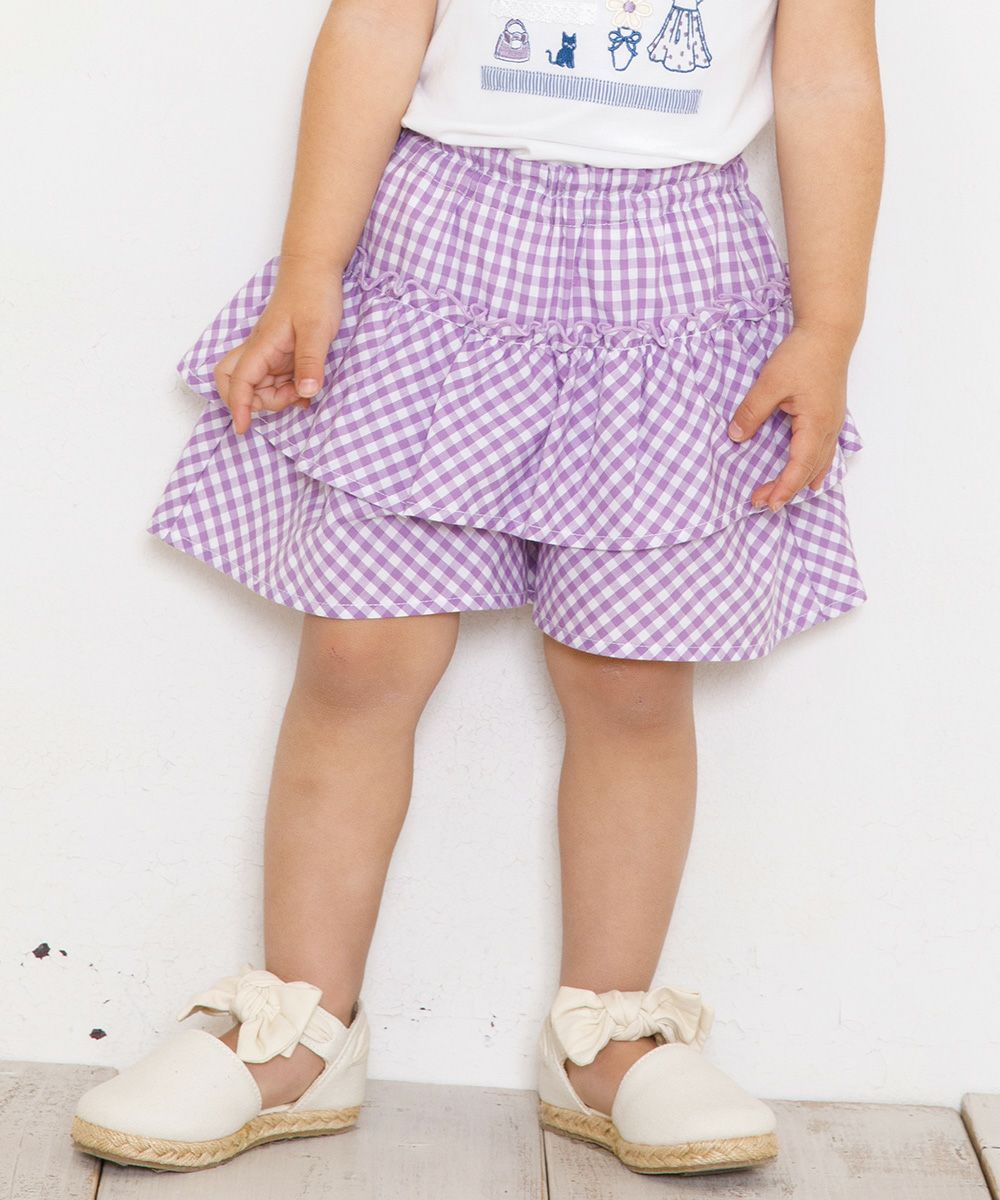 Baby size gingham check pattern culotto pants Purple model image up
