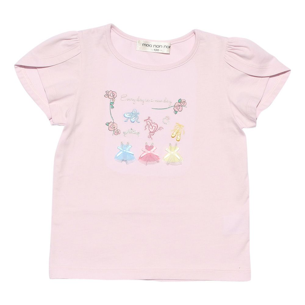 Flower & ballet embroidery T-shirt with tulip sleeves Pink front