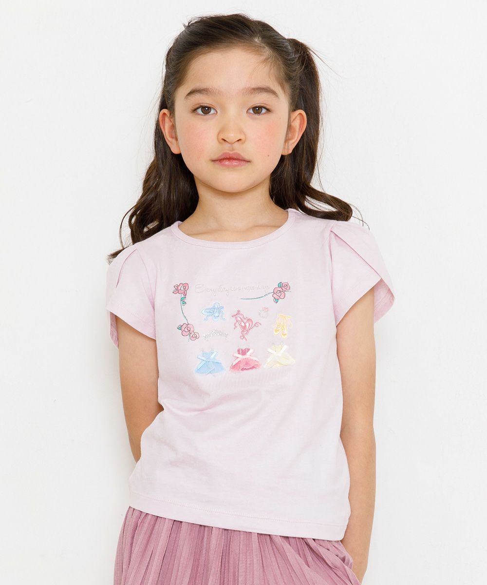 Flower & ballet embroidery T-shirt with tulip sleeves Pink model image up