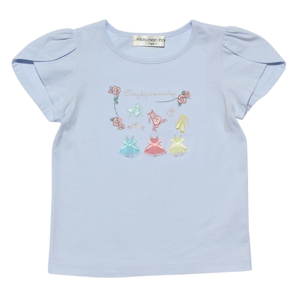 Flower & ballet embroidery T-shirt with tulip sleeves Blue front