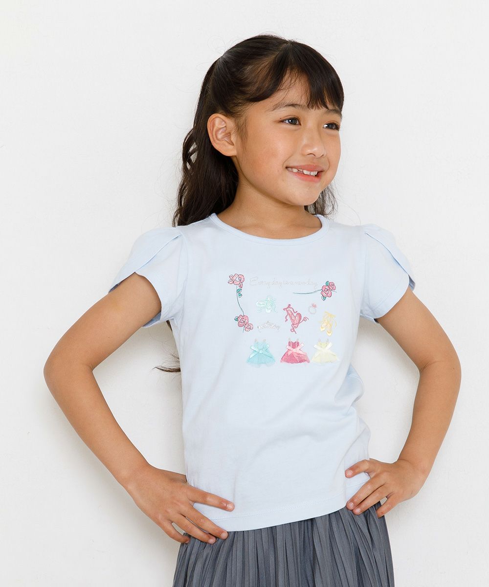 Flower & ballet embroidery T-shirt with tulip sleeves Blue model image up