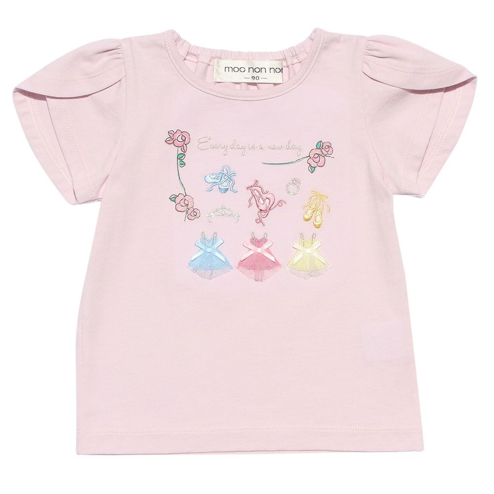 Baby size flower & ballet embroidery T-shirt with tulip sleeves Pink front