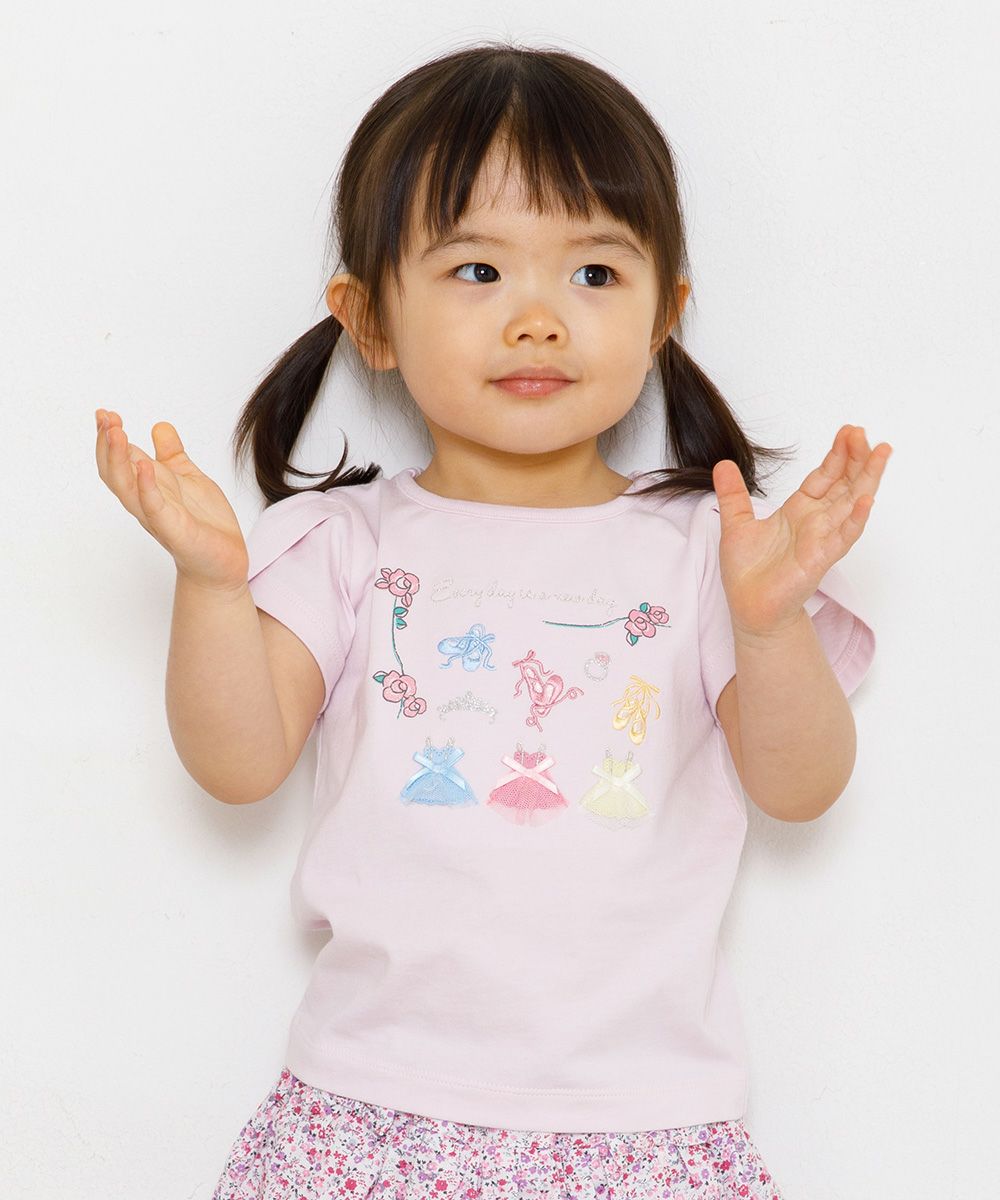 Baby size flower & ballet embroidery T-shirt with tulip sleeves Pink model image up