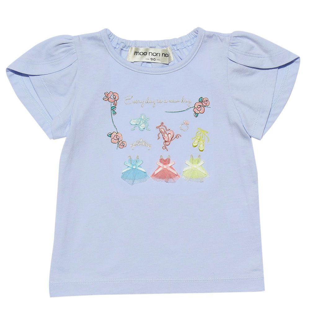 Baby size flower & ballet embroidery T-shirt with tulip sleeves Blue front