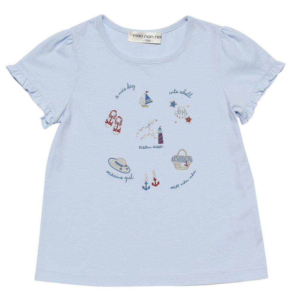 100 % cotton marine icon T-shirt with frilled sleeves Blue front