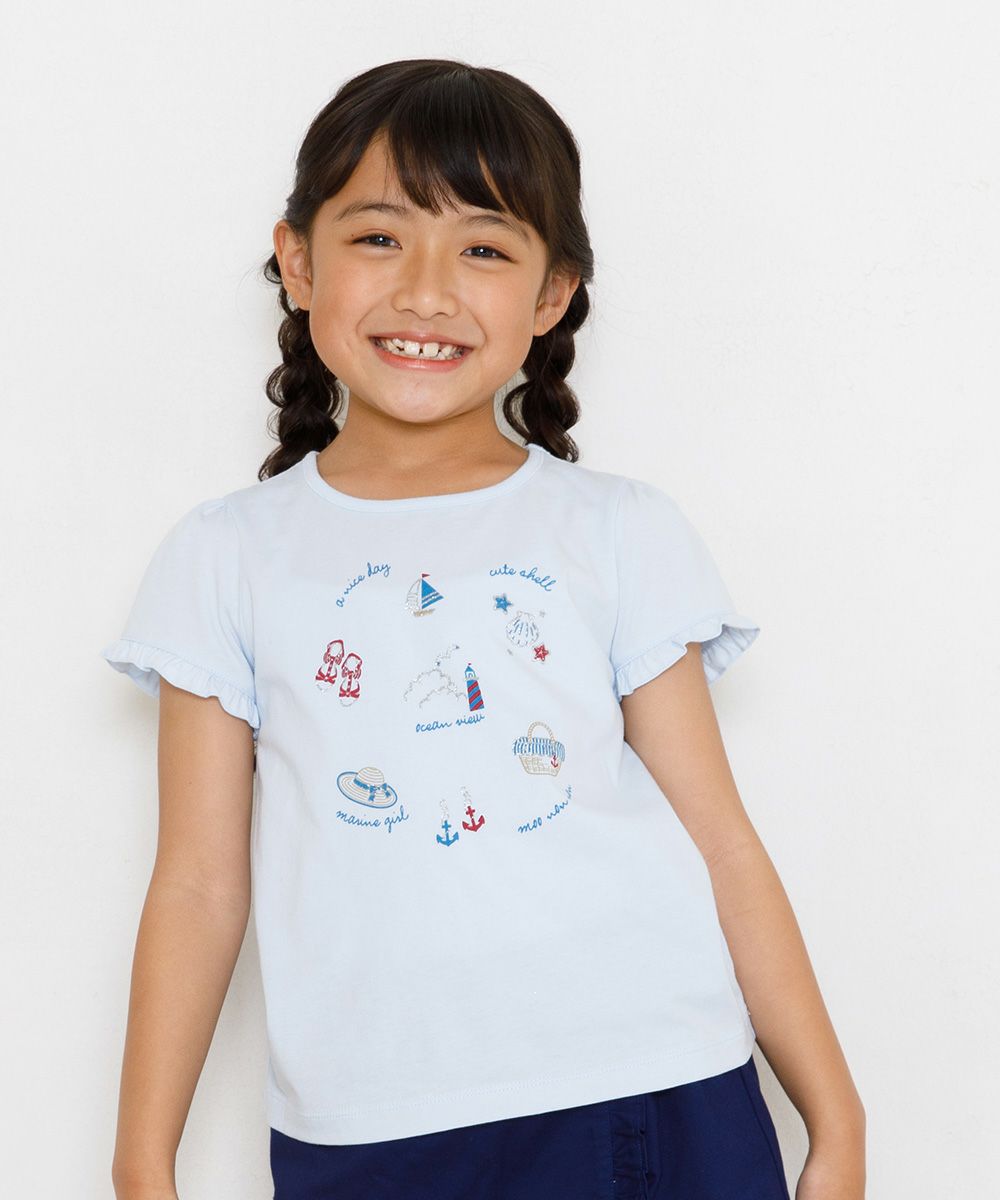 100 % cotton marine icon T-shirt with frilled sleeves Blue model image up