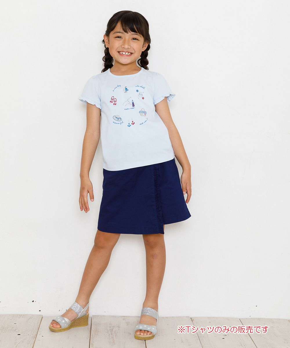 100 % cotton marine icon T-shirt with frilled sleeves Blue model image whole body
