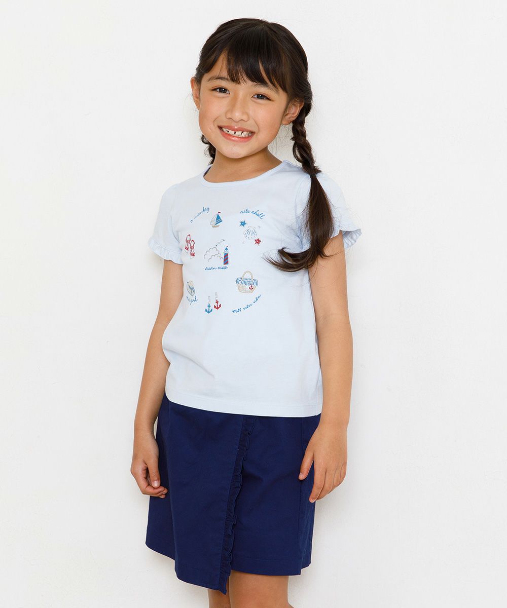 100 % cotton marine icon T-shirt with frilled sleeves Blue model image 4