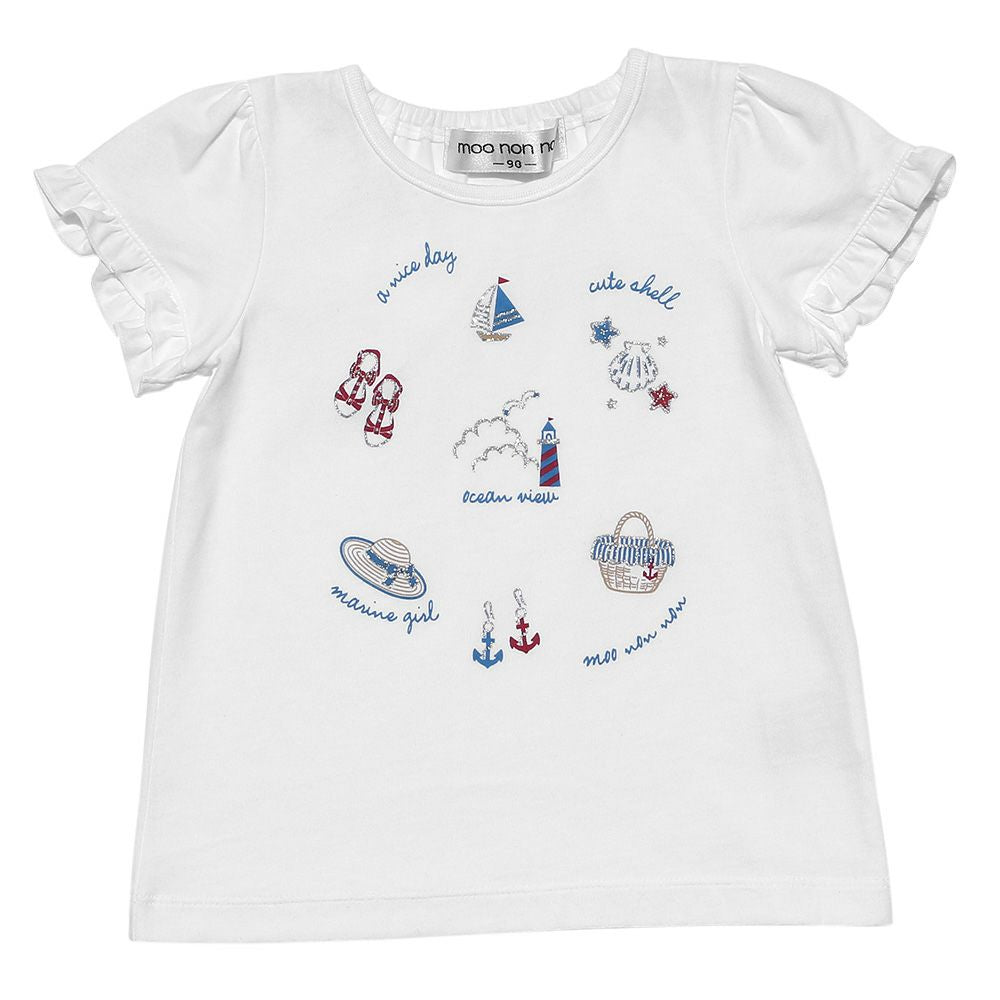 Baby size 100 % cotton marine icon T-shirt with frilled sleeves Off White front