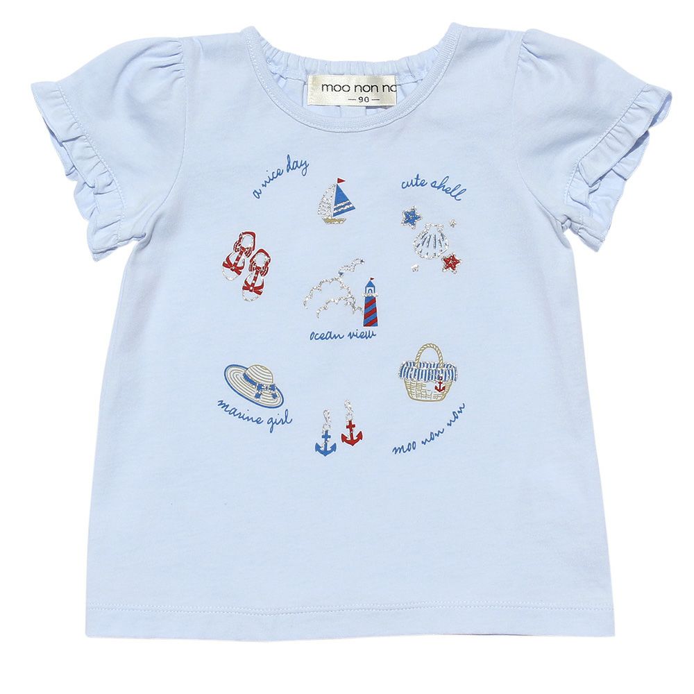 Baby size 100 % cotton marine icon T-shirt with frilled sleeves Blue front
