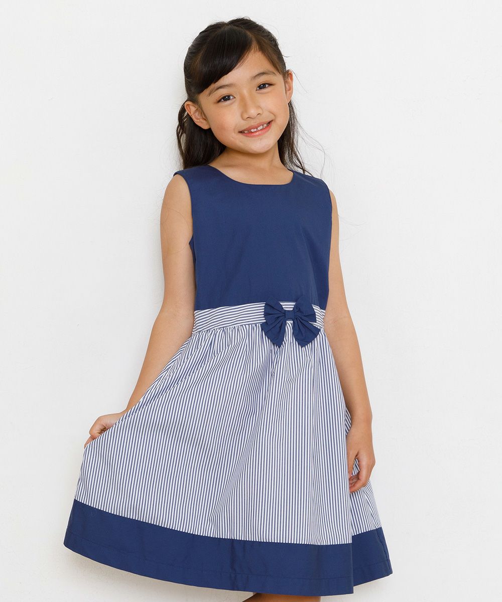 Striped A-line dress with ribbon Navy model image up
