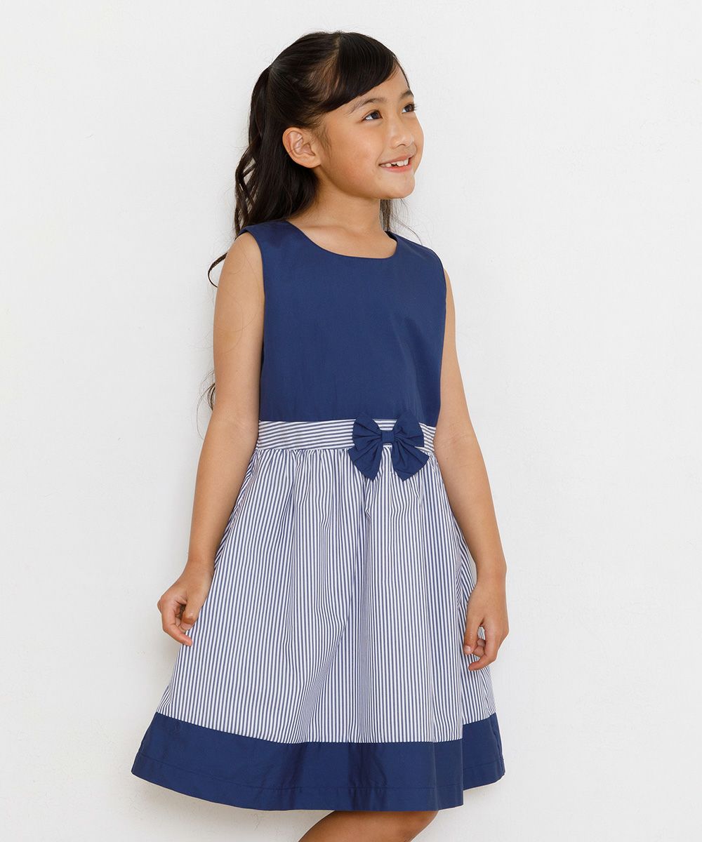 Striped A-line dress with ribbon Navy model image 1