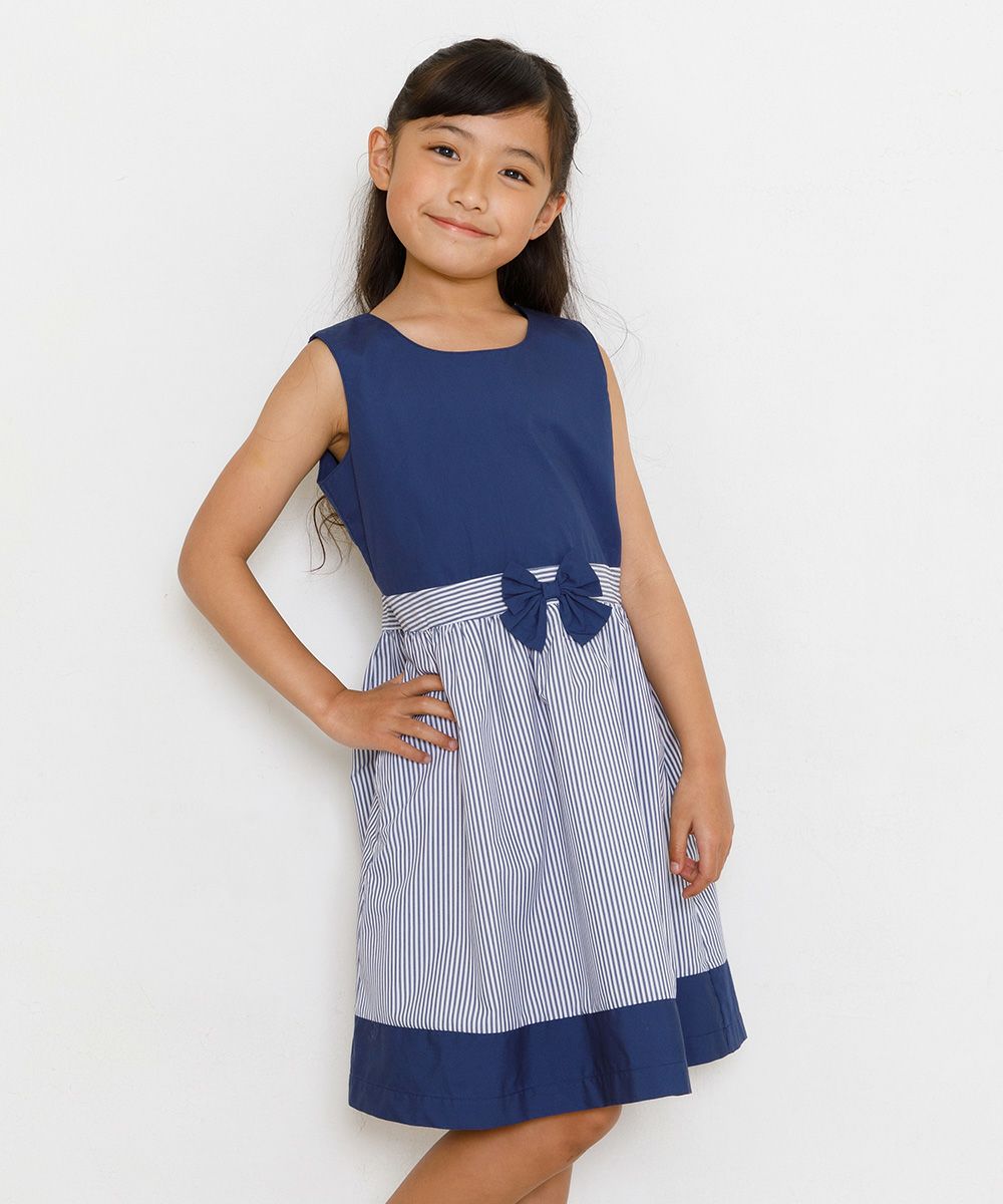 Striped A-line dress with ribbon Navy model image 2