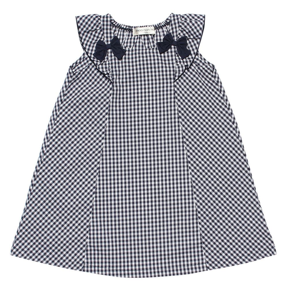 Gingham A line dress will frill and ribbon Navy front