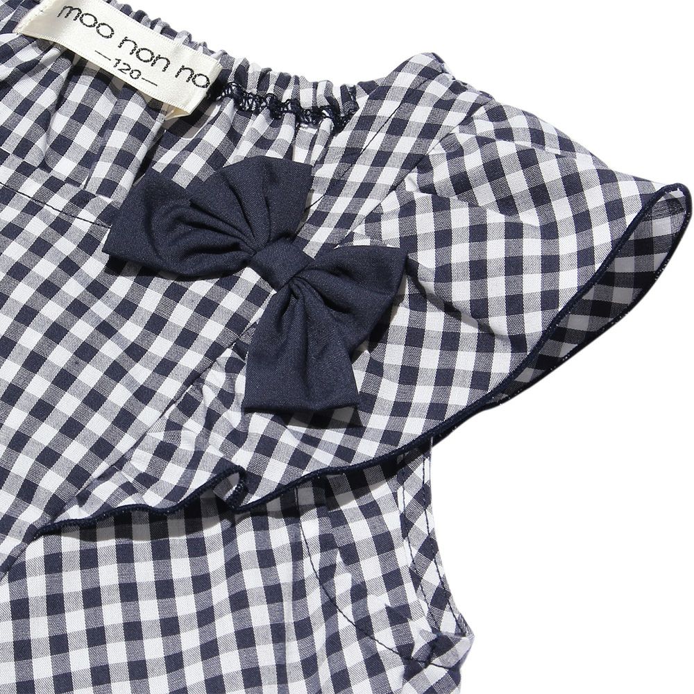 Gingham A line dress will frill and ribbon Navy Design point 1