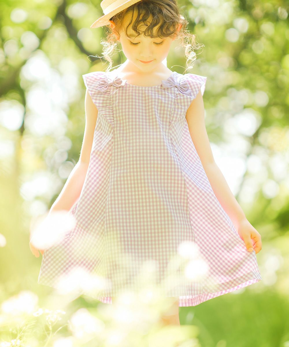 Gingham A line dress will frill and ribbon Purple model image whole body