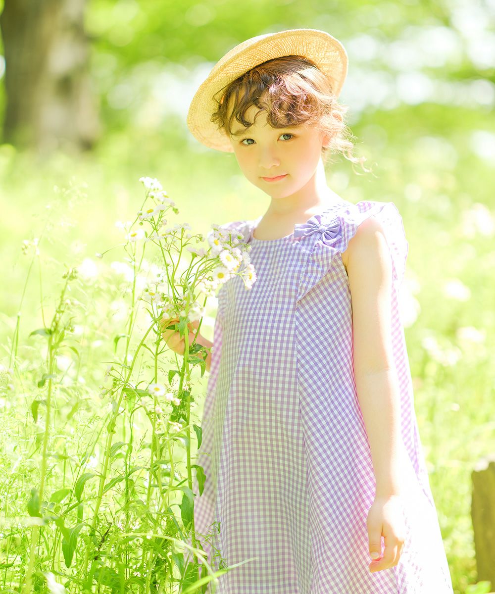 Gingham A line dress will frill and ribbon Purple model image 1