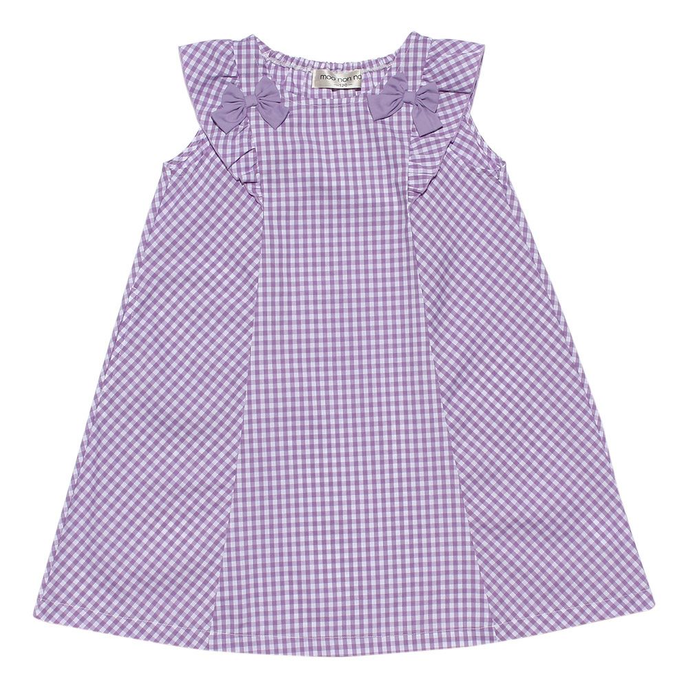 Gingham A line dress will frill and ribbon Purple front