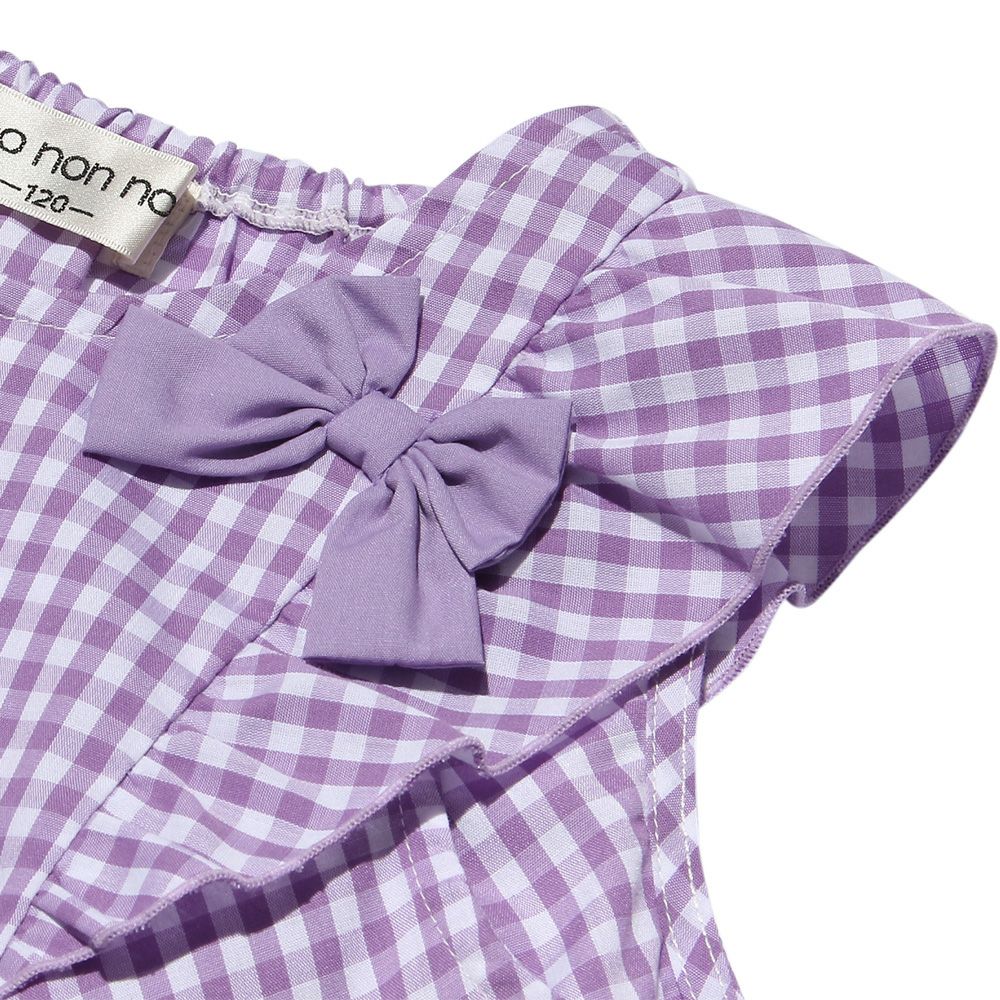 Gingham A line dress will frill and ribbon Purple Design point 1