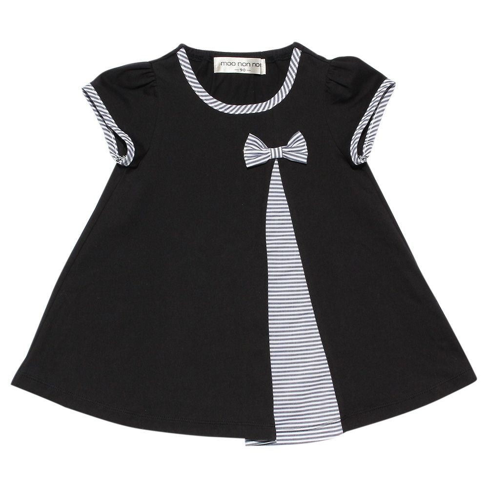 Baby size Switching pattern A-line stripe dress with ribbon Black front