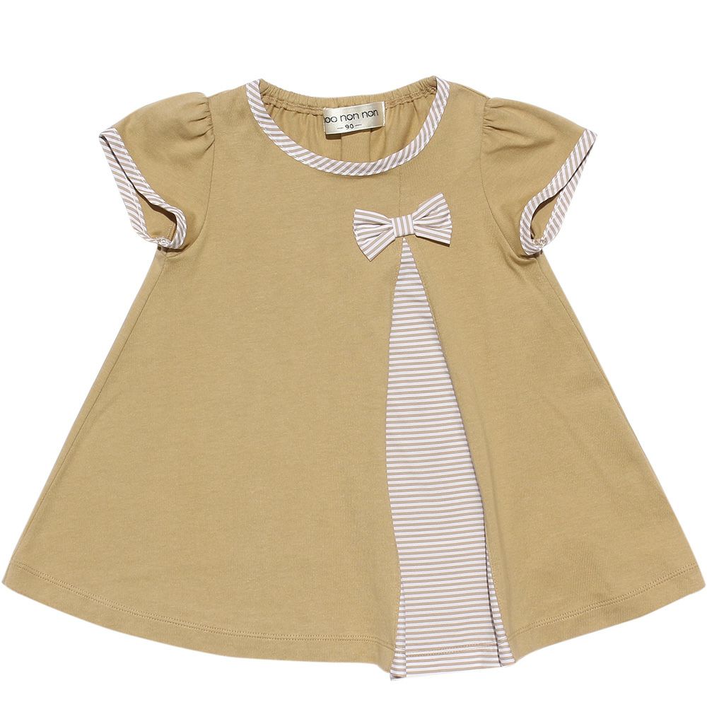 Baby size Switching pattern A-line stripe dress with ribbon Brown front