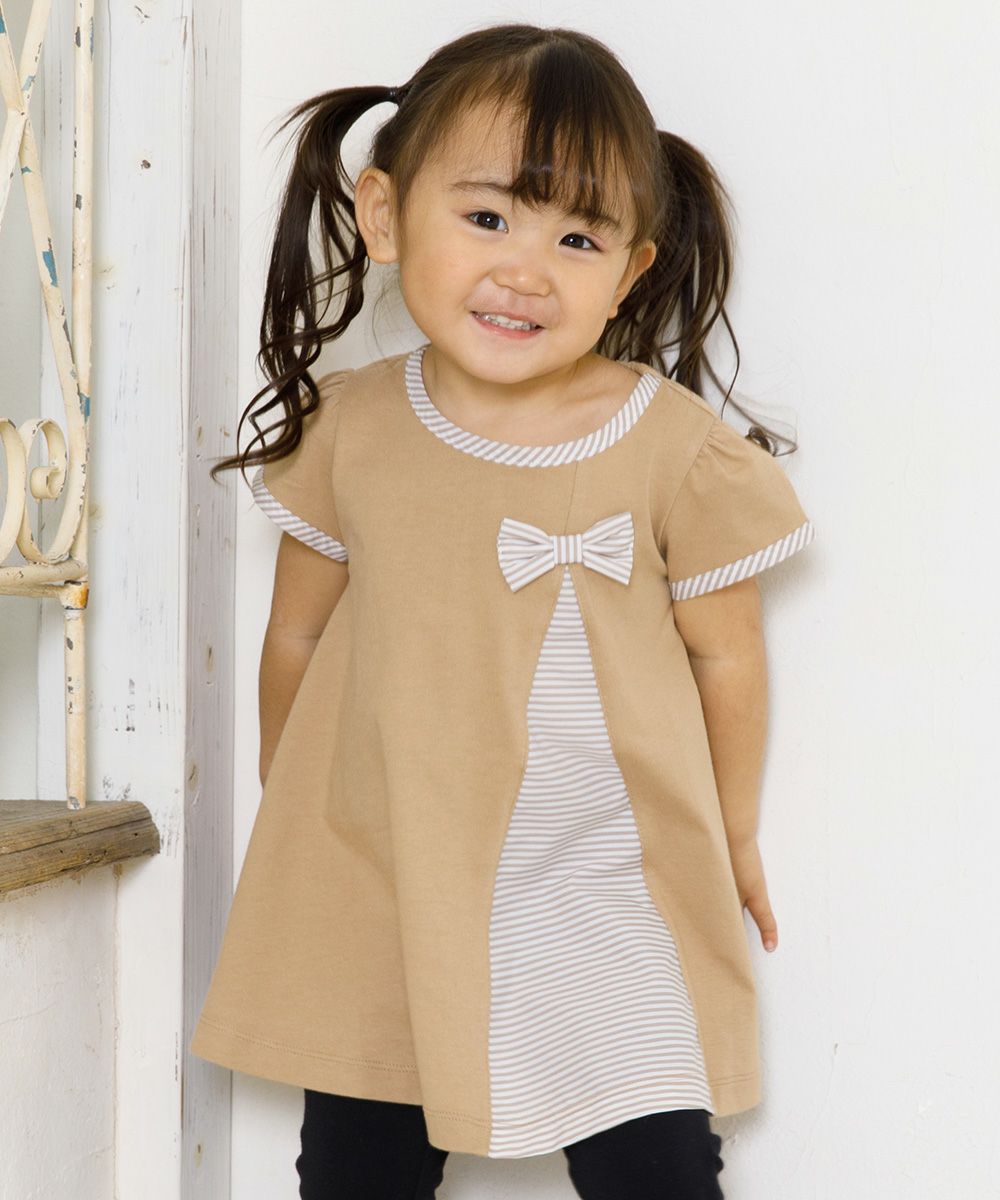 Baby size Switching pattern A-line stripe dress with ribbon Brown model image up