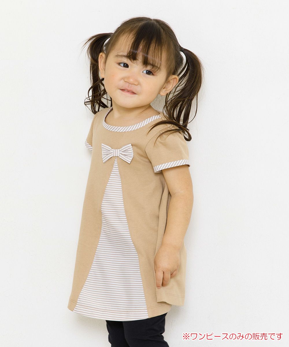 Baby size Switching pattern A-line stripe dress with ribbon Brown model image 1